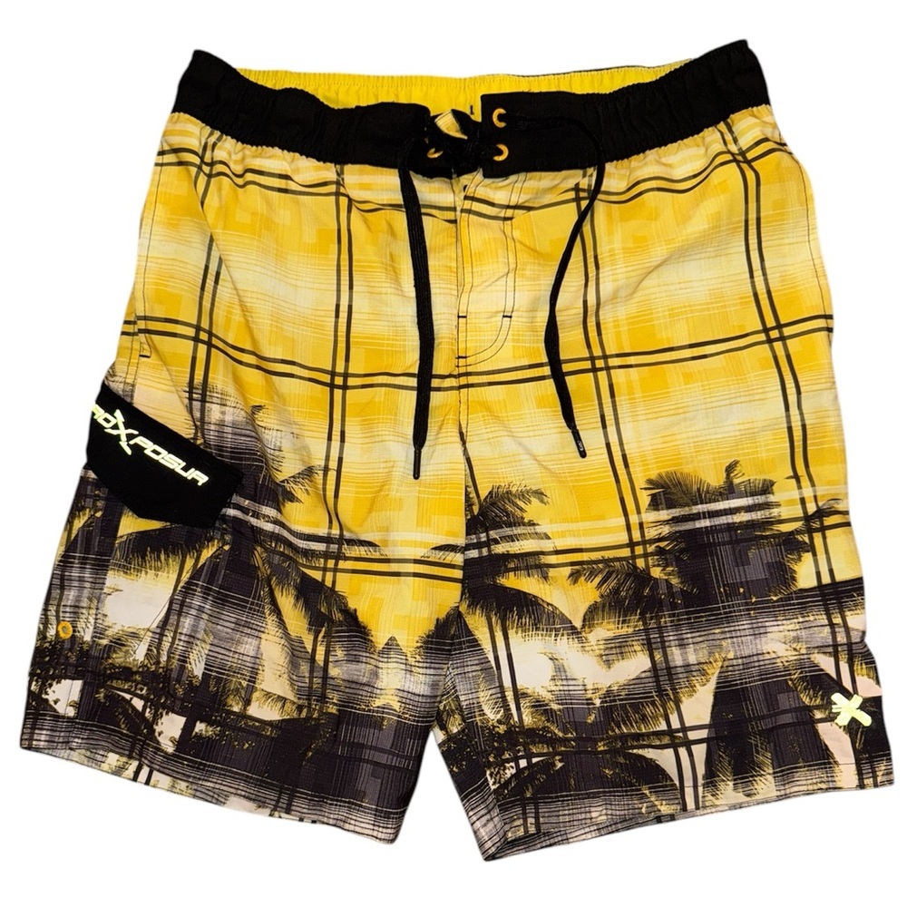 ZeroXposur Yellow Black Palm Tree Plaid Swim Trunks M